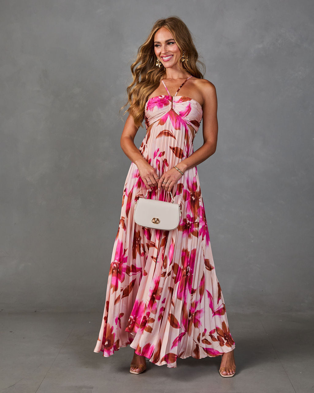 Sunny Peony Pleated Floral Satin Maxi Dress