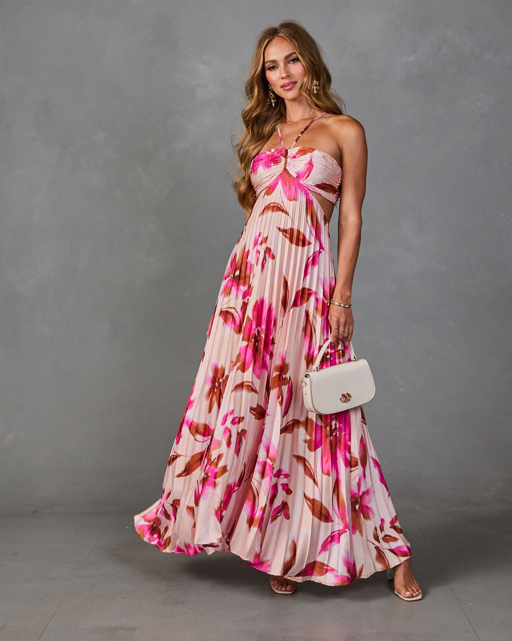 Sunny Peony Pleated Floral Satin Maxi Dress