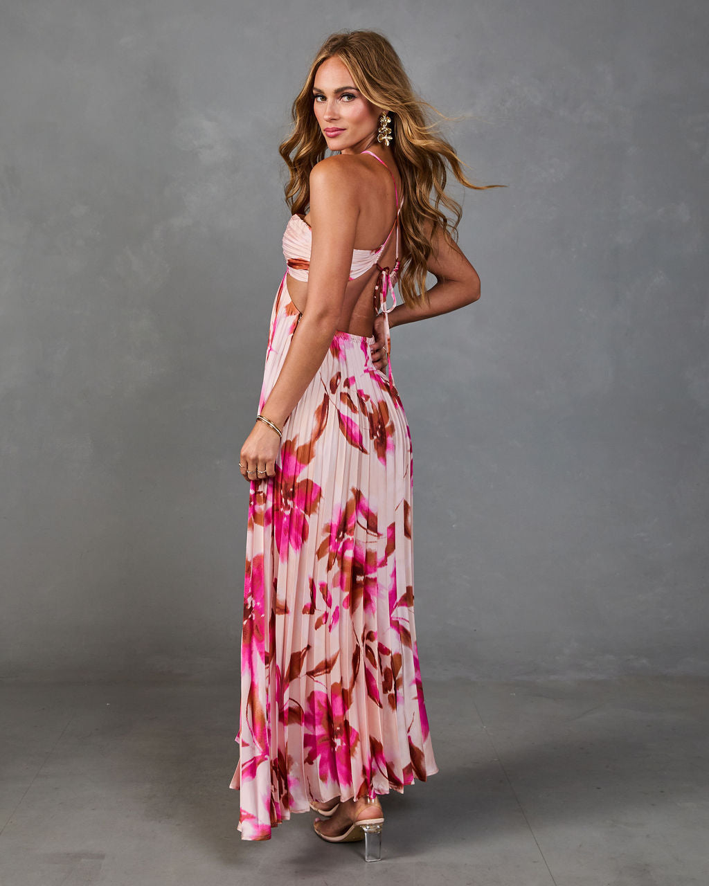 Sunny Peony Pleated Floral Satin Maxi Dress