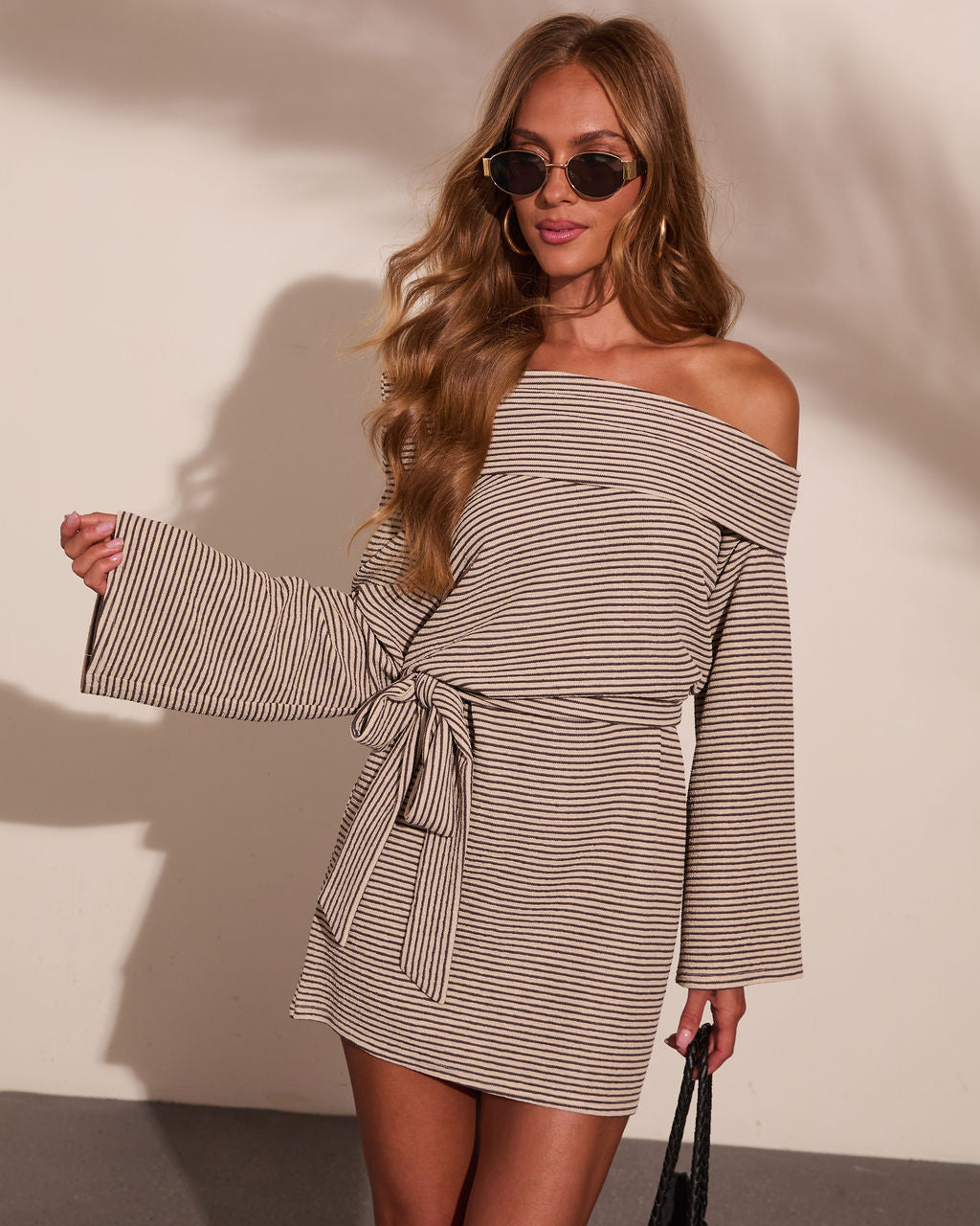 Krissa Striped Off The Shoulder Waist Tie Mini Dress