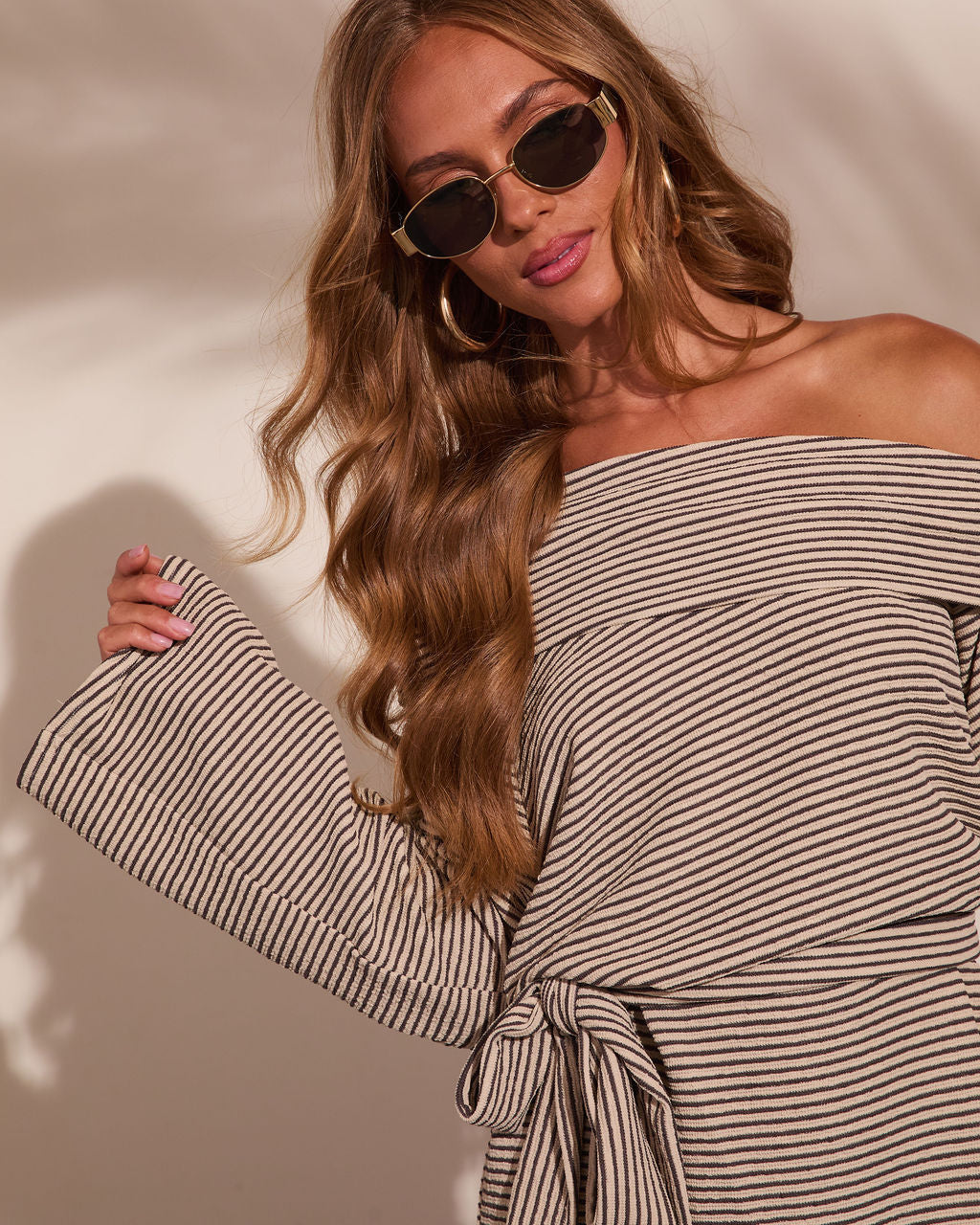 Krissa Striped Off The Shoulder Waist Tie Mini Dress