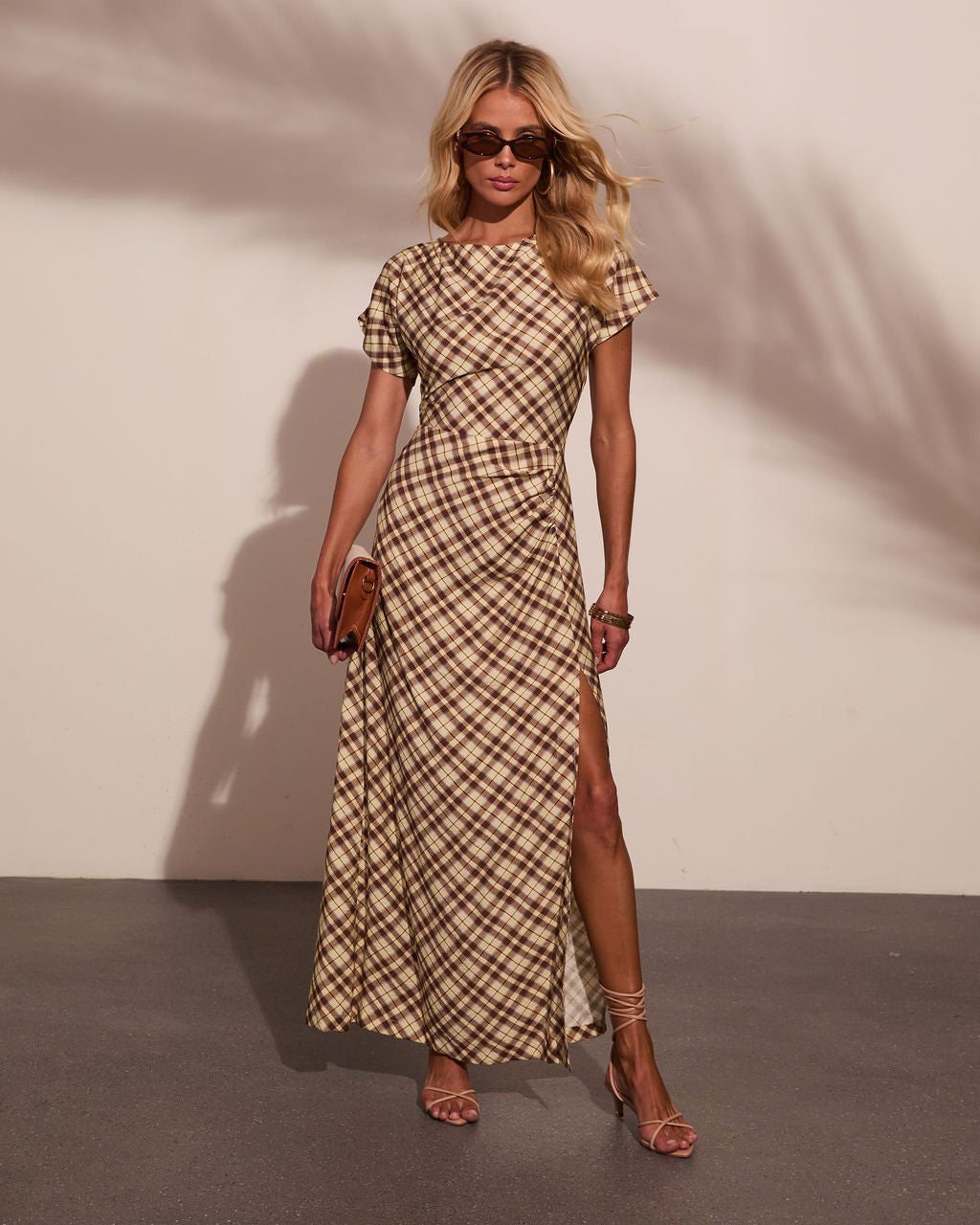 Collected Calm Ruched Plaid Maxi Dress