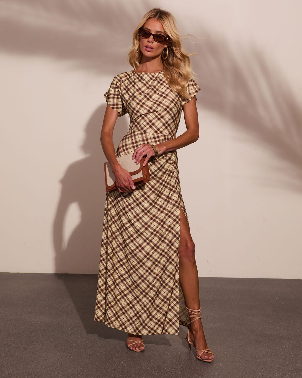 Collected Calm Ruched Plaid Maxi Dress