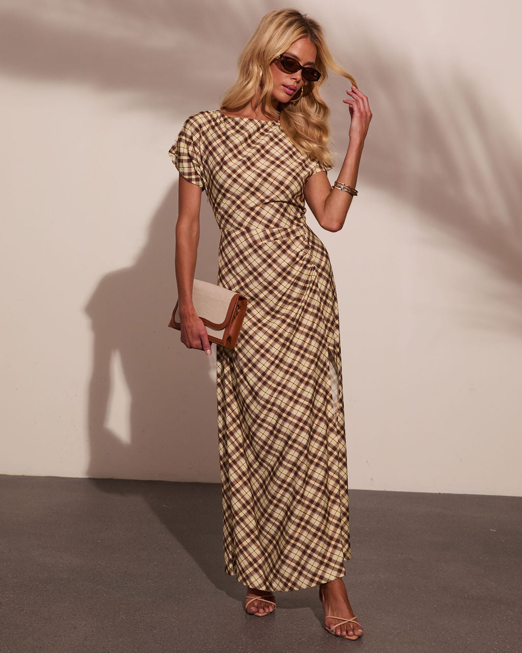 Collected Calm Ruched Plaid Maxi Dress