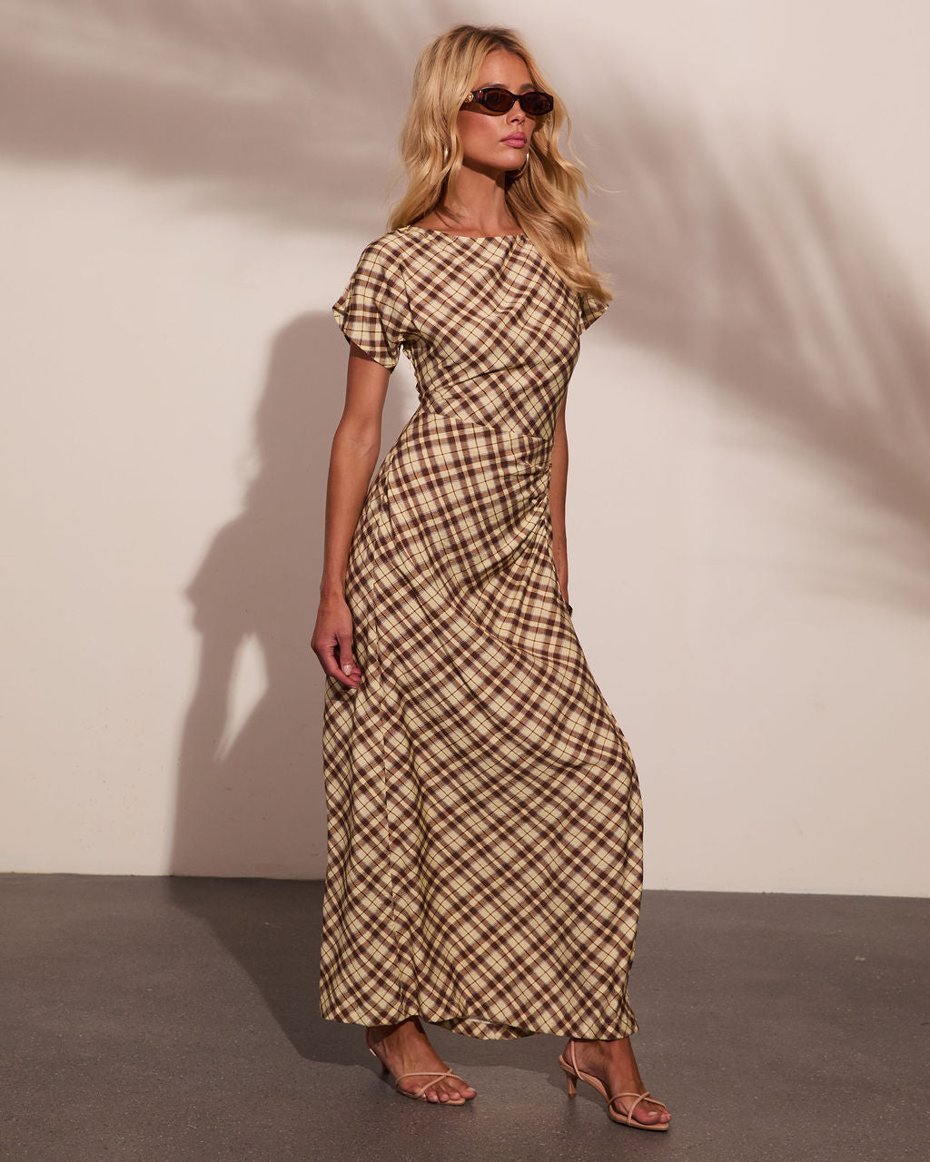 Collected Calm Ruched Plaid Maxi Dress