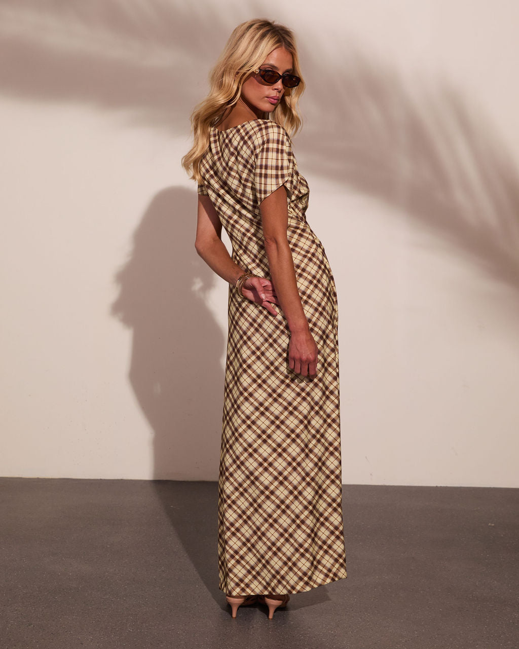 Collected Calm Ruched Plaid Maxi Dress