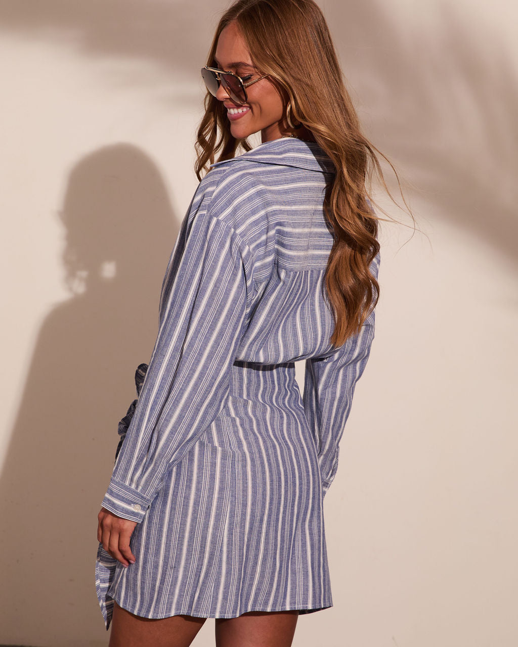 Harbor Walk Striped Wrap Tie Mini Shirt Dress