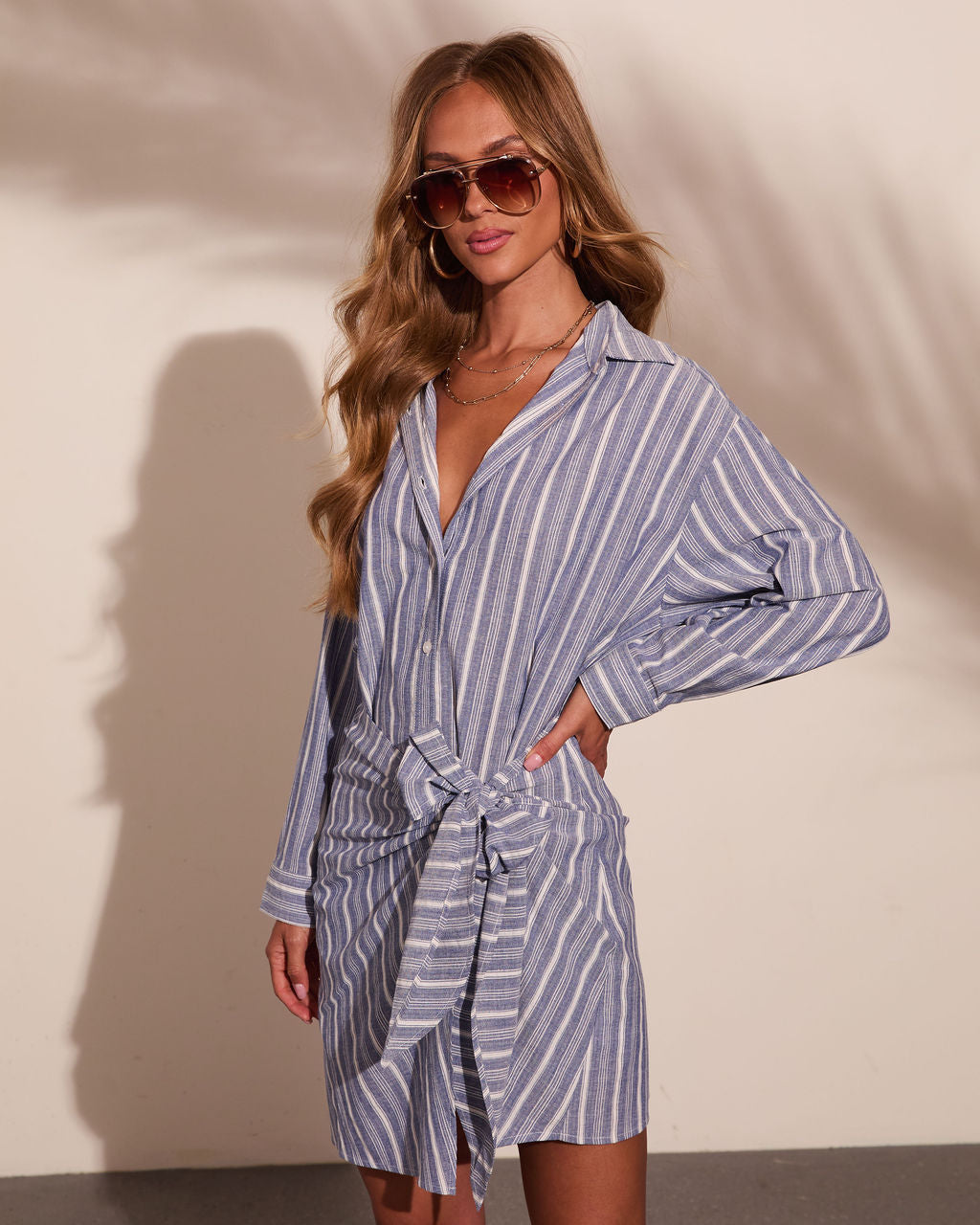 Harbor Walk Striped Wrap Tie Mini Shirt Dress
