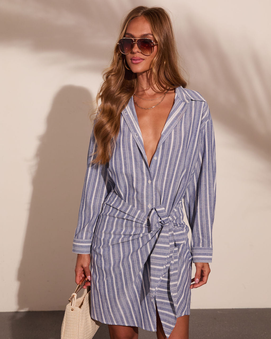 Harbor Walk Striped Wrap Tie Mini Shirt Dress