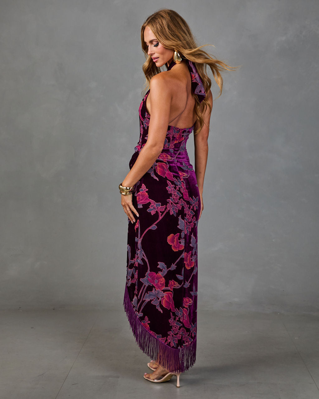 Quiet Bloom Velvet Floral Wrap Halter Neck Midi Dress