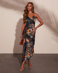 Rominah Satin Floral Asymmetric Lace Trim Maxi Dress