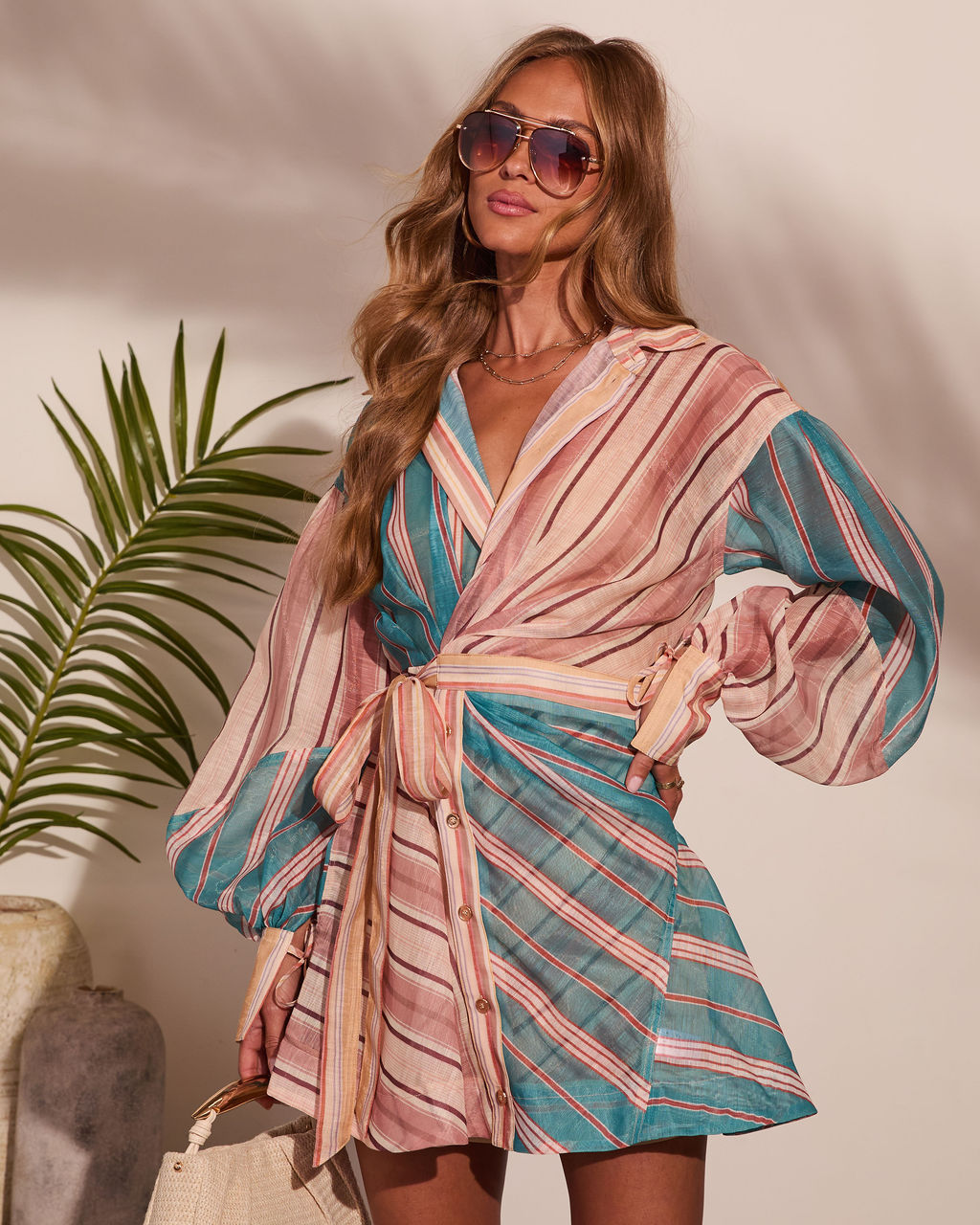Slow Tide Striped Color Block Wrap Tie Mini Shirt Dress