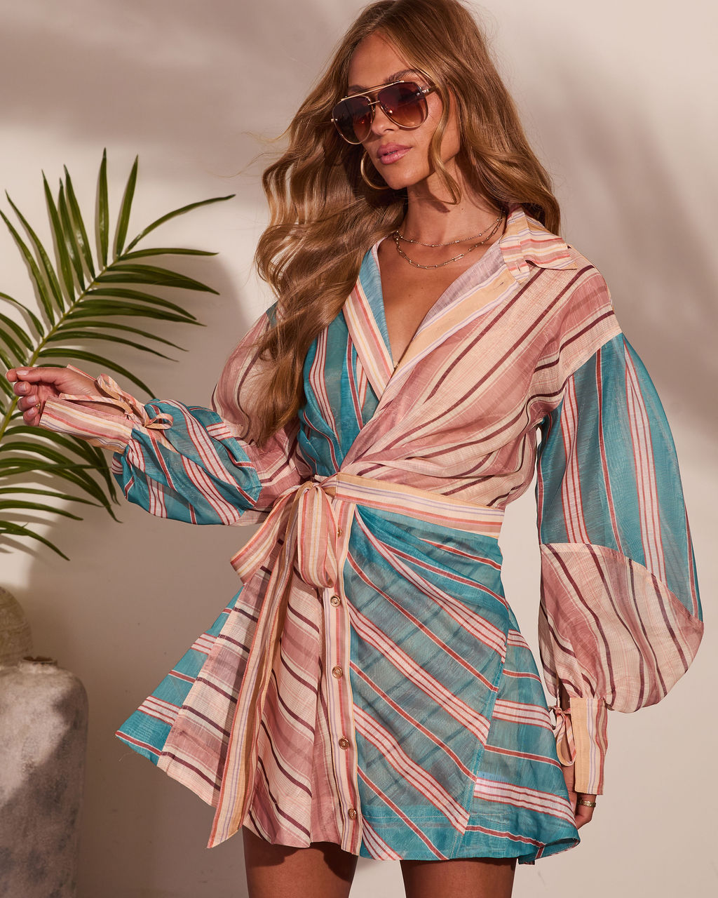 Slow Tide Striped Color Block Wrap Tie Mini Shirt Dress
