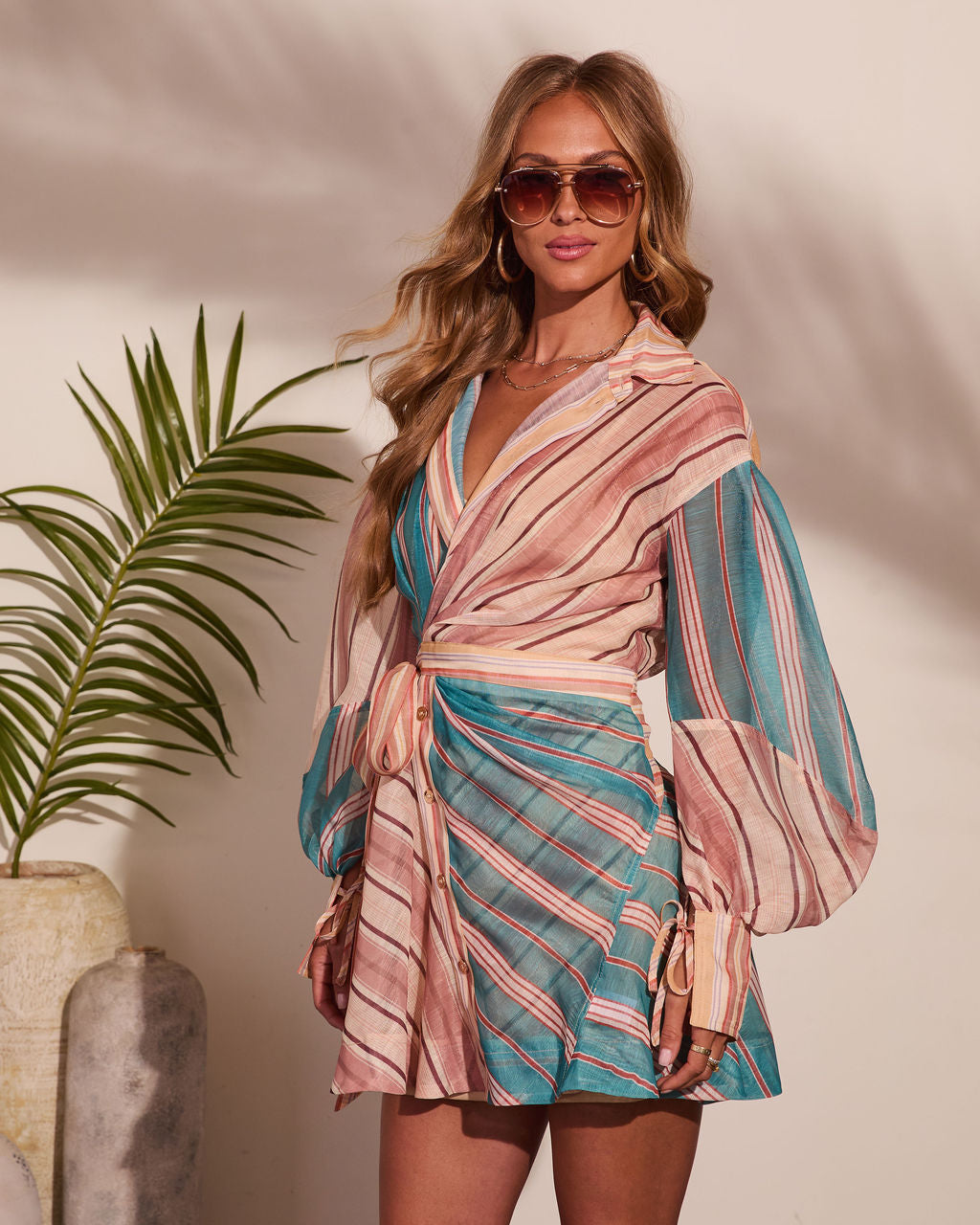 Slow Tide Striped Color Block Wrap Tie Mini Shirt Dress
