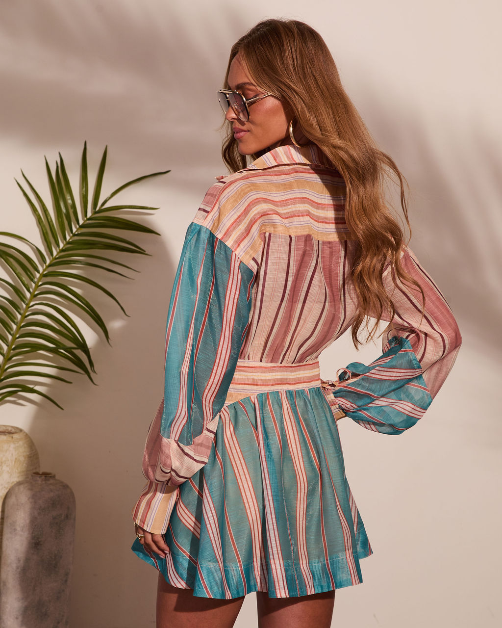 Slow Tide Striped Color Block Wrap Tie Mini Shirt Dress