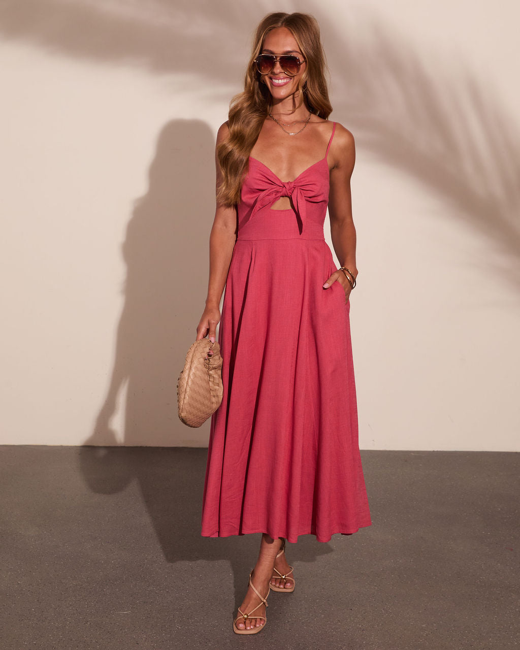 Sweet Serenity Linen Blend Tie Cut Out Midi Dress