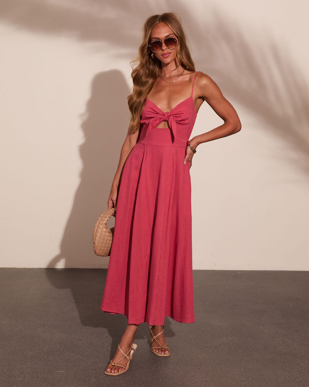 Sweet Serenity Linen Blend Tie Cut Out Midi Dress