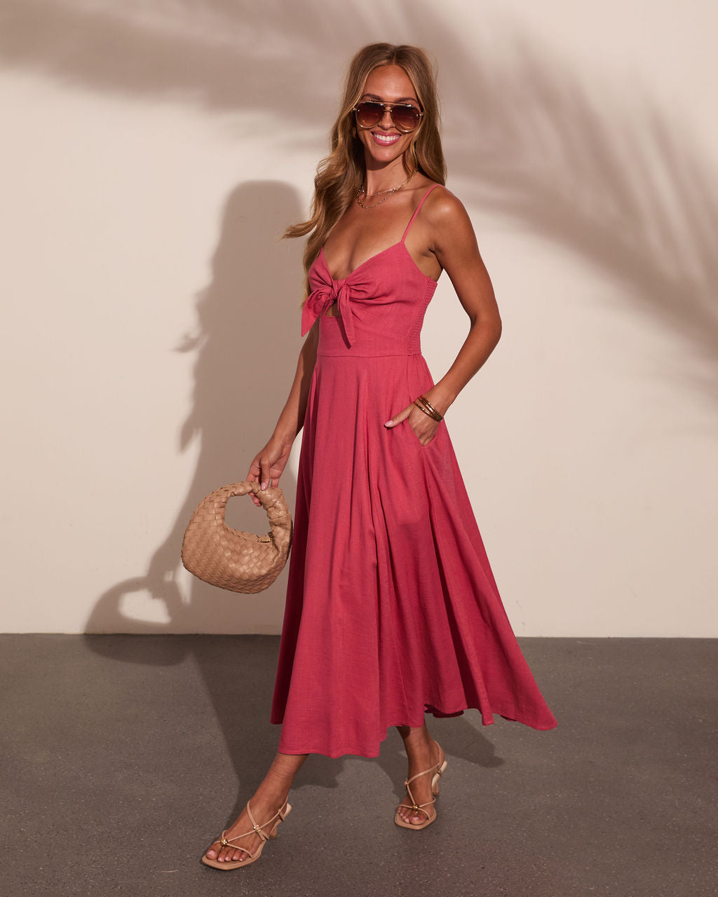 Sweet Serenity Linen Blend Tie Cut Out Midi Dress
