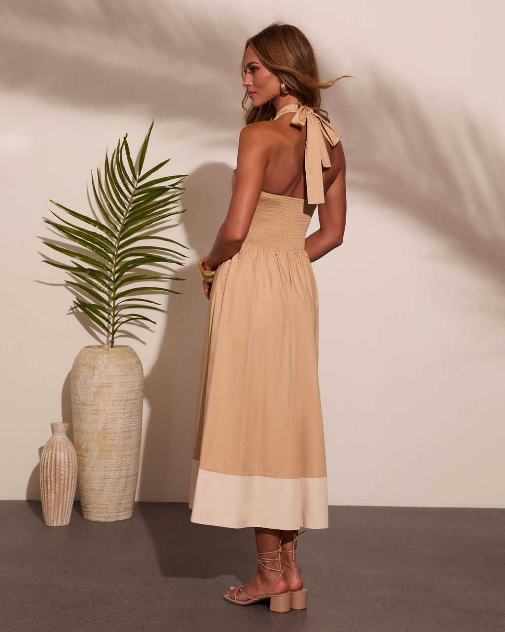 Harbor Standard Cotton Color Block Halter Neck Midi Dress