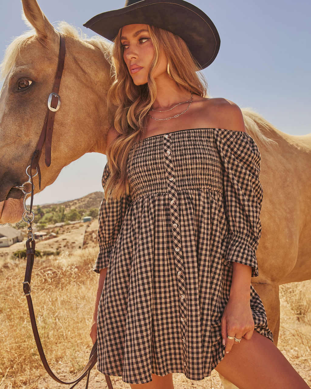 Honey Dusk Linen Blend Plaid Mini Dress