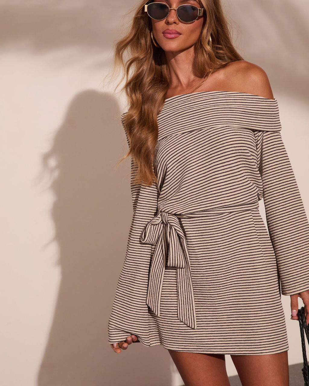 Krissa Striped Off The Shoulder Waist Tie Mini Dress