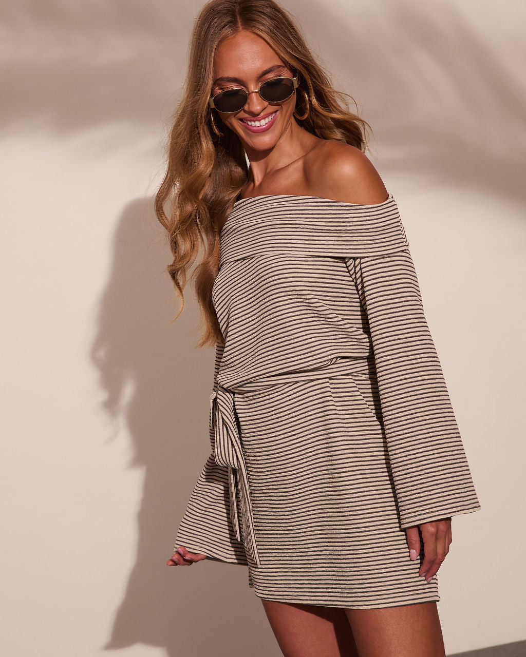 Krissa Striped Off The Shoulder Waist Tie Mini Dress