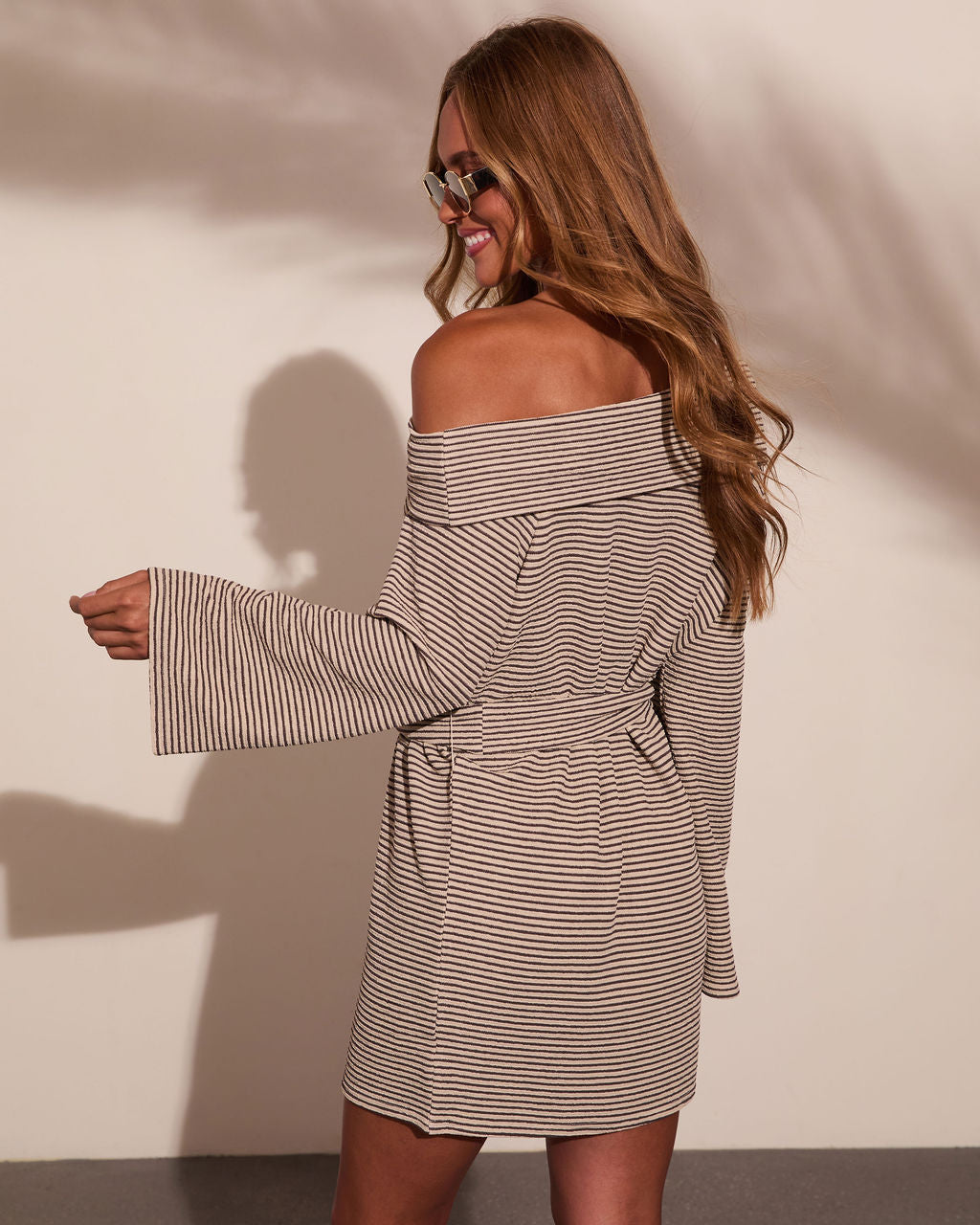 Krissa Striped Off The Shoulder Waist Tie Mini Dress