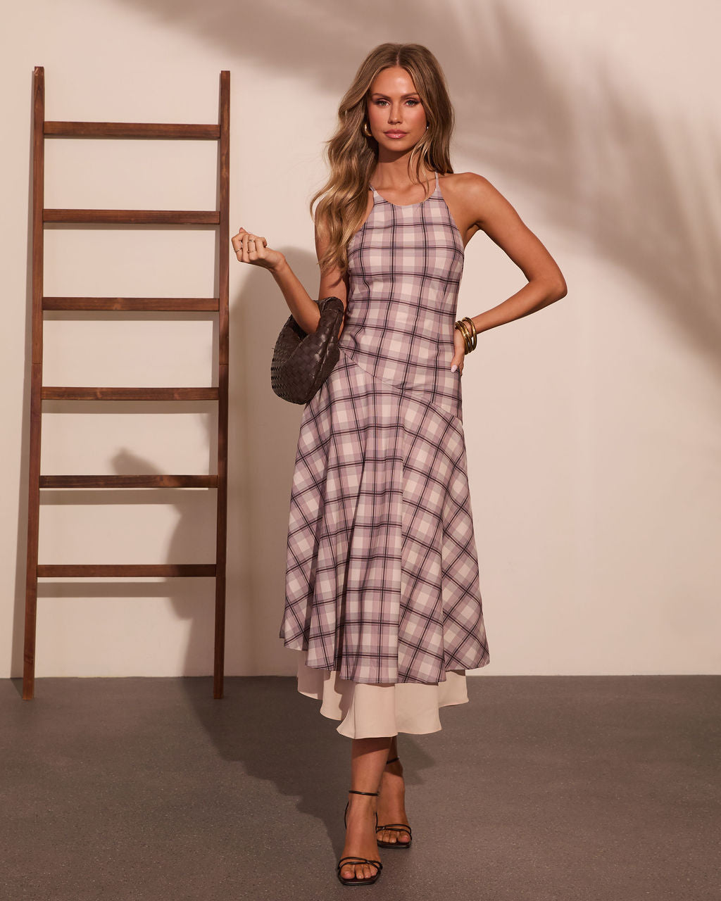 Afternoon Break Plaid Halter Neck Midi Dress