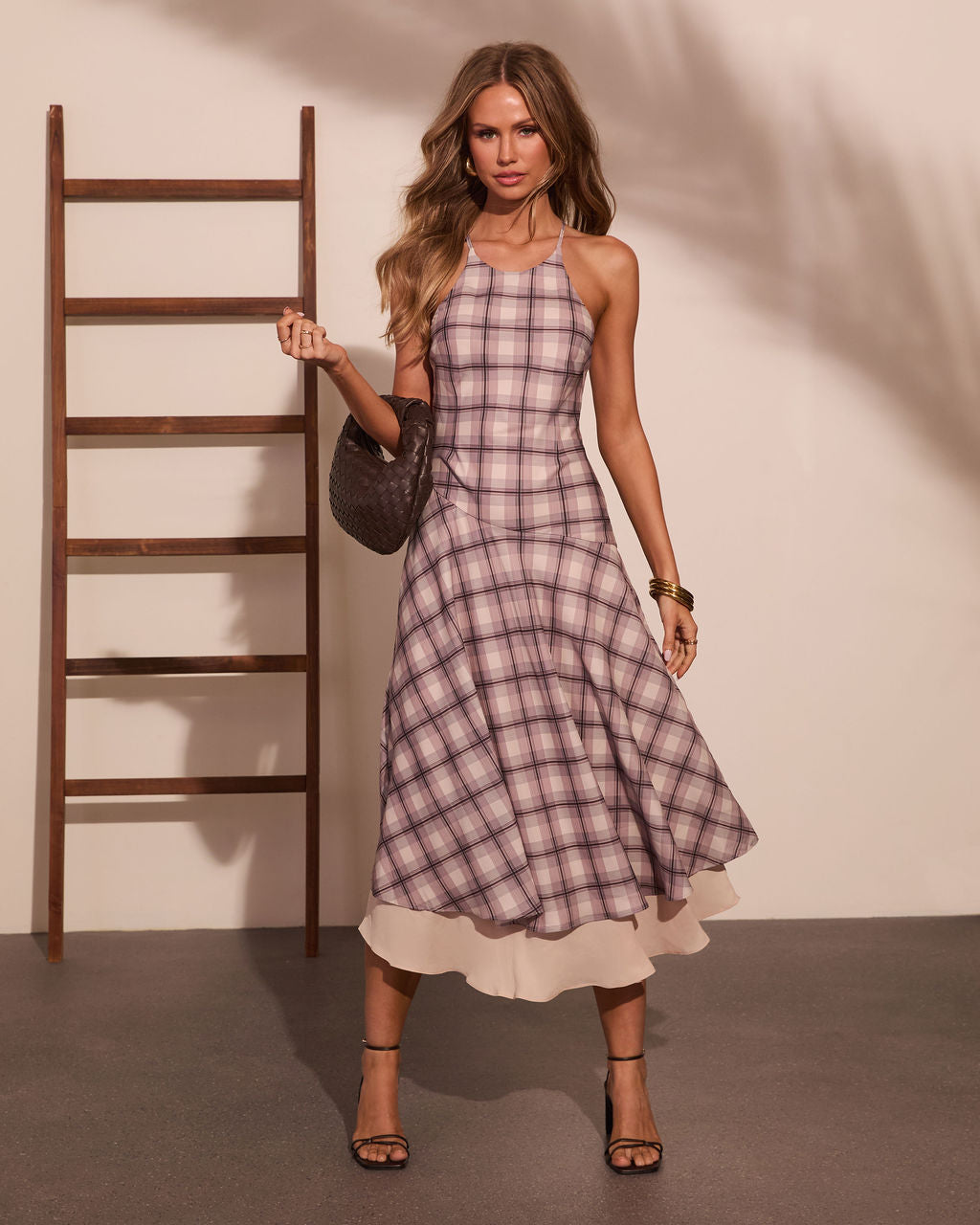 Afternoon Break Plaid Halter Neck Midi Dress