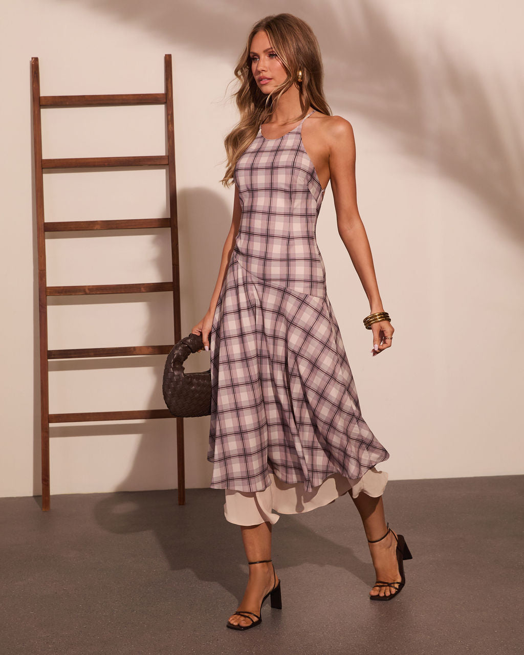 Afternoon Break Plaid Halter Neck Midi Dress