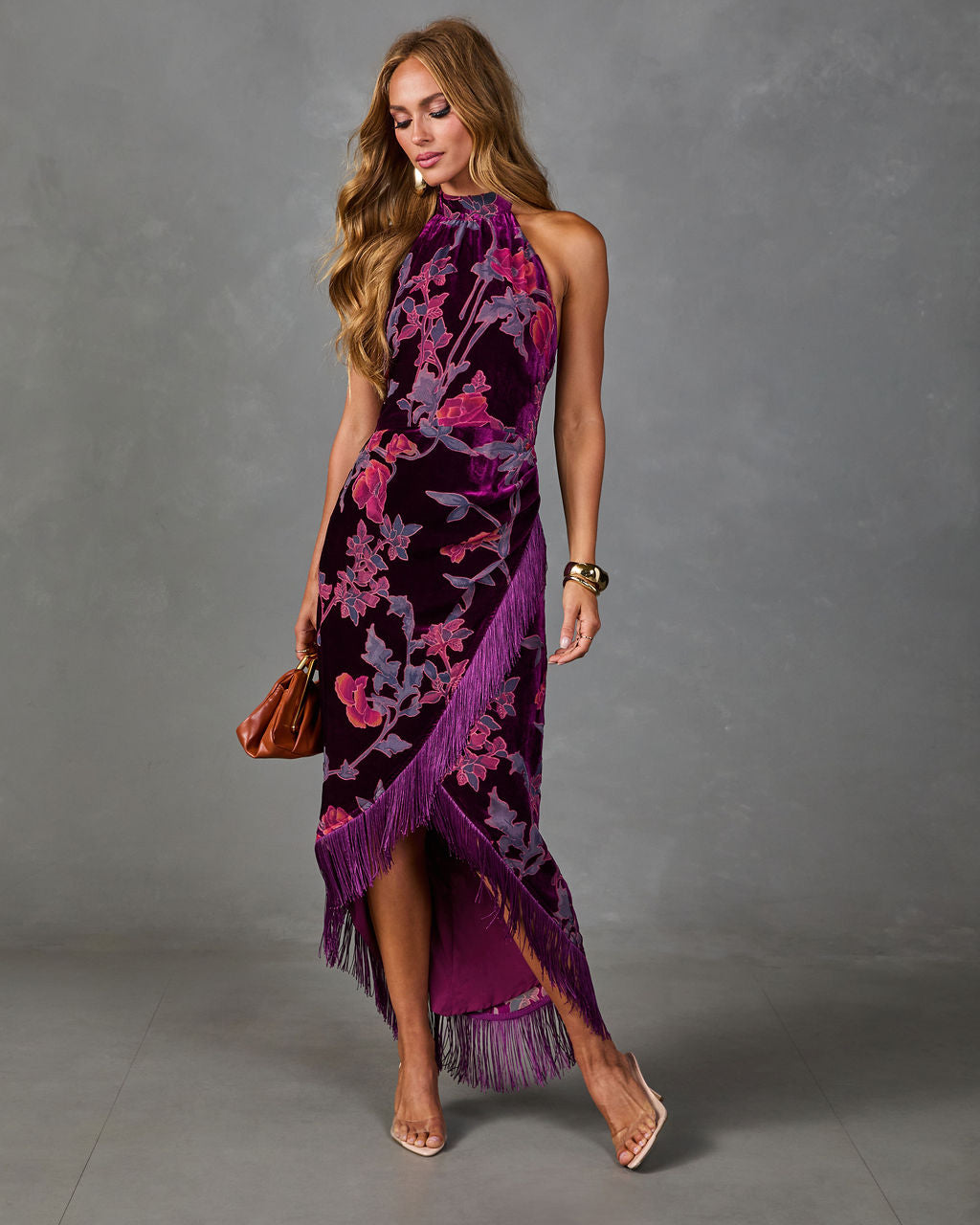 Quiet Bloom Velvet Floral Wrap Halter Neck Midi Dress