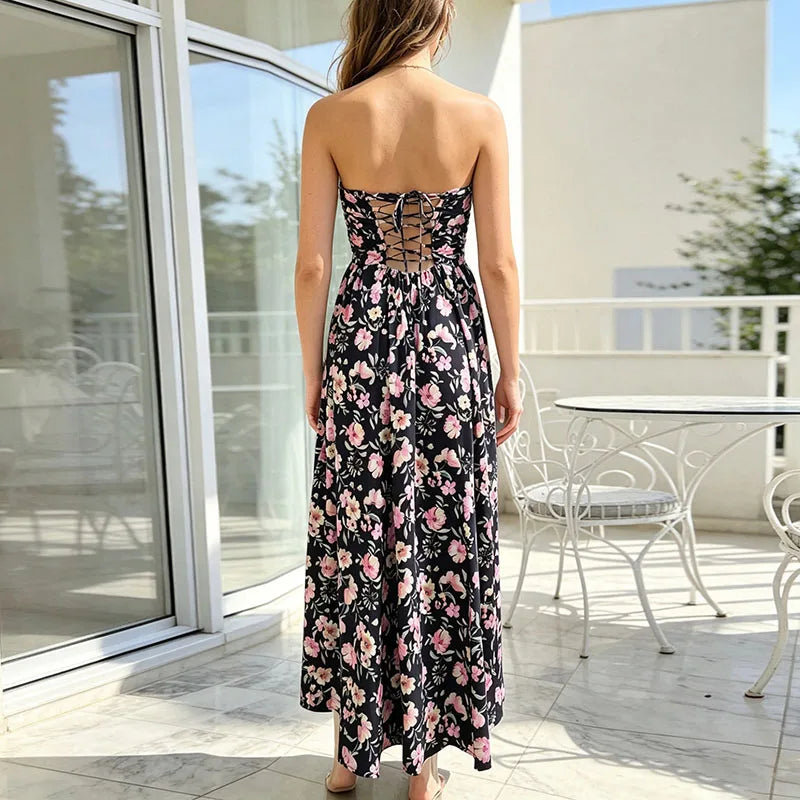 Vintage Print Sleeveless Beach Vacation Dress Sexy Backless Cross Tie Pleated Dress Elegant Strapless Off Shoulder A-Line Dress