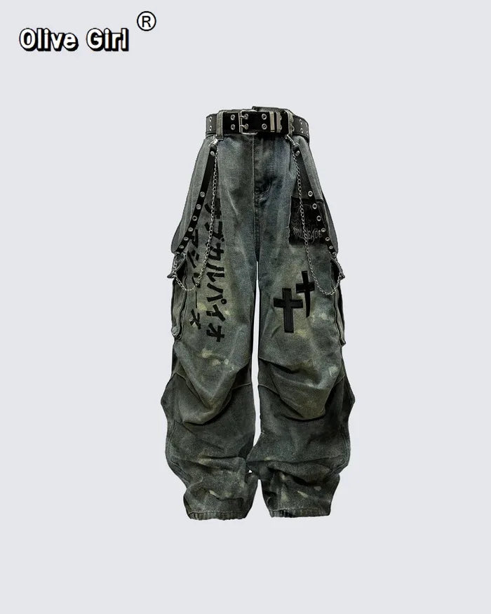Plus Size Skull Cross Women's Jeans Trousers Denim Pants American Retro Vibe Wide-legged Dragging Oversized Baggy Pants