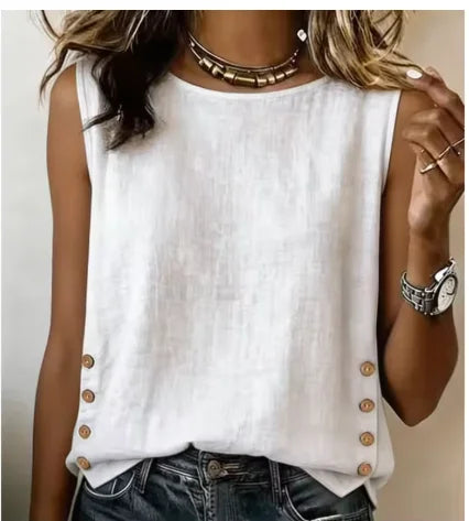 Fashion Elegant Tops Shirt Summer New Women's Round Neck Casual Loose Button Cotton Linen Solid Color Top Shirt Womens Clothing