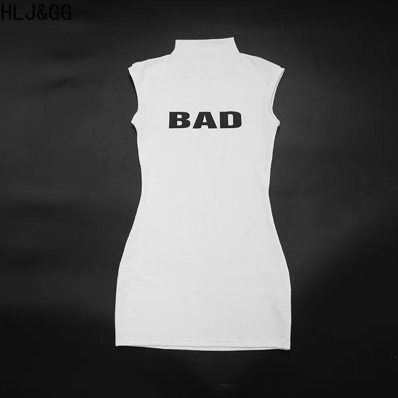 HLJ&GG Summer New Letter Print High Collar Bodycon Mini Dresses Women Sleeveless Slim Vestidos Fashion Female Streetwear 2026