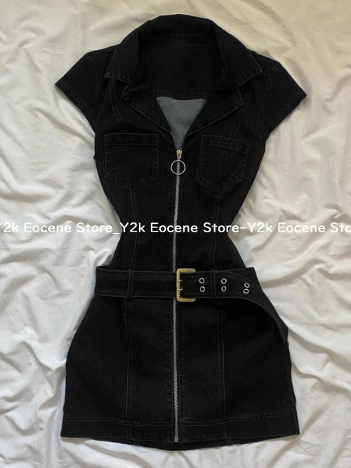American Retro Black Denim Short Dress Women Summer Zipper Elegant Slim One Piece Dress Korean Fashion Design Casual Clothing
