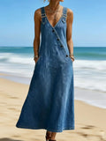 Women Solid Denim Dress Summer Fashion Adjustable Buckle Straps V Neck Diagonal Button Loose A Line Jean Dress Casual Outfit