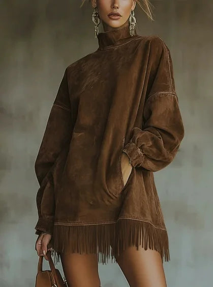 Woman Clothes Elegant Party Vintage Suede Tassel Fashion Long Sleeve high collar fringe Skirt Woman Mini Dresses Female clothing