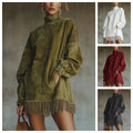 Woman Clothes Elegant Party Vintage Suede Tassel Fashion Long Sleeve high collar fringe Skirt Woman Mini Dresses Female clothing