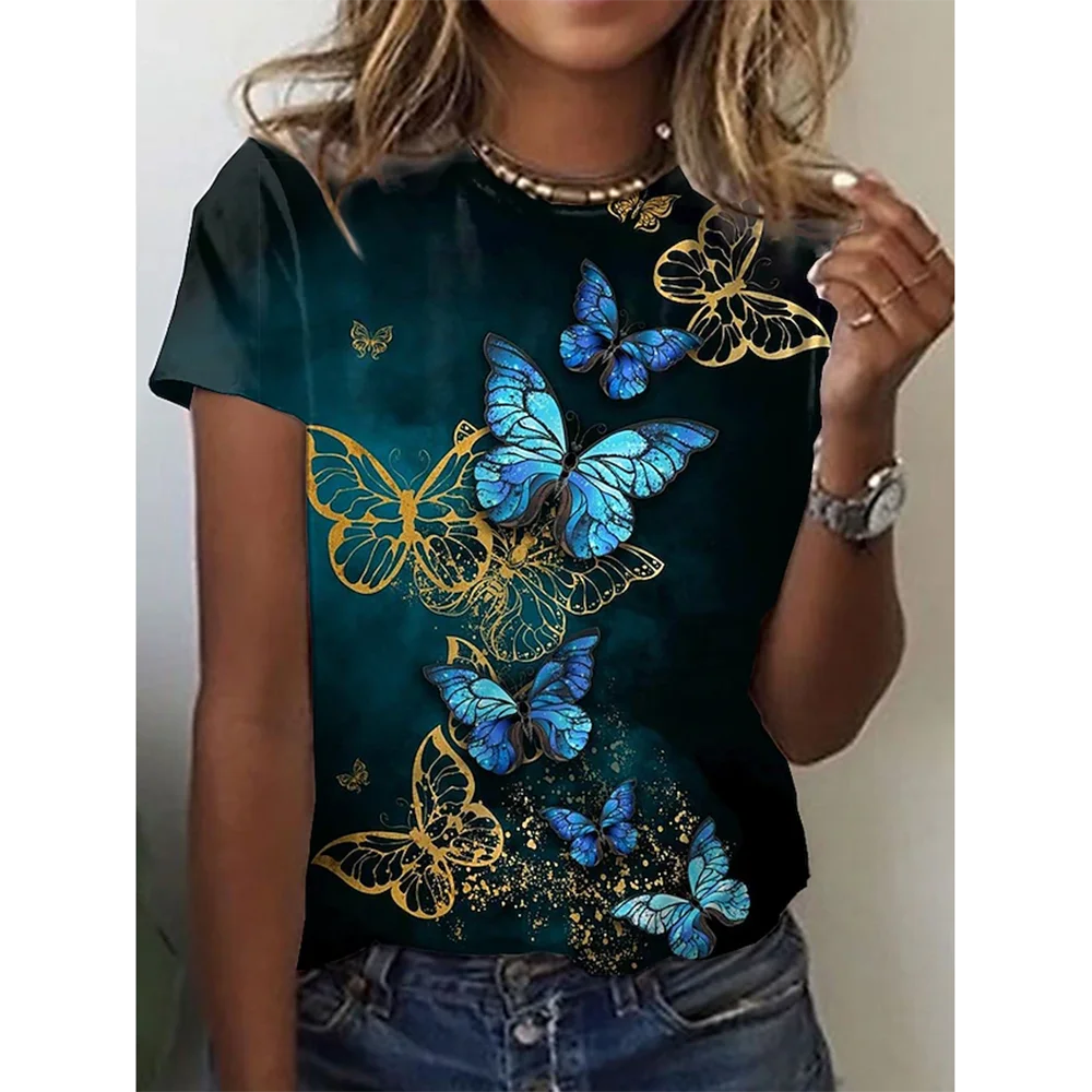 2024 New O-Neck 3d Butterfly Print T Shirt Women