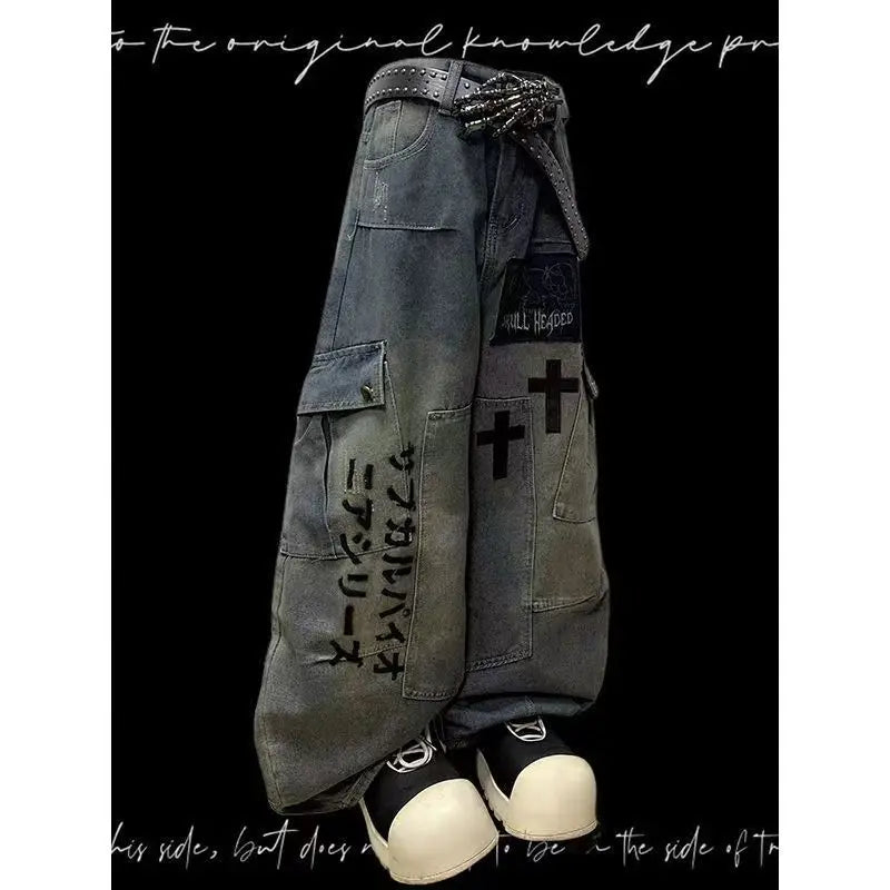 Plus Size Skull Cross Women's Jeans Trousers Denim Pants American Retro Vibe Wide-legged Dragging Oversized Baggy Pants