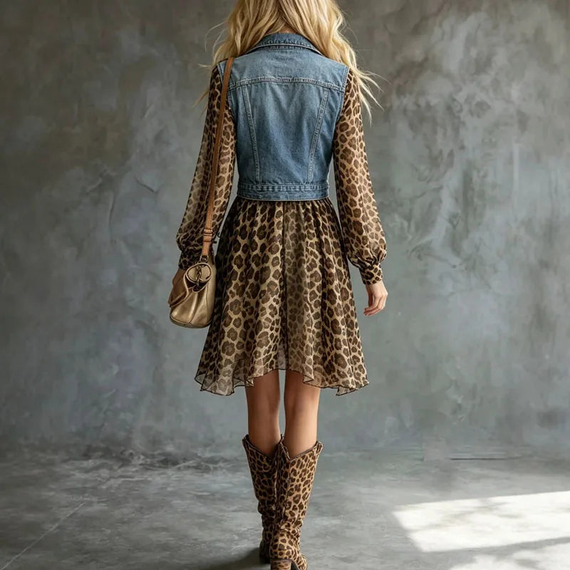 Women Leopard Print Mesh Mini Dress Puff Sleeve A Line Flowy Dress Vest Jacket Patchwork Dress New Holiday Western Cowgirl Dress