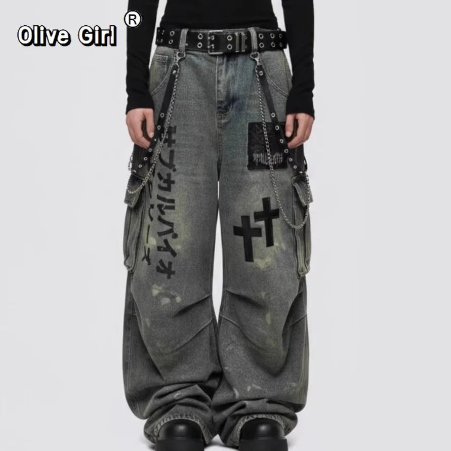 Plus Size Skull Cross Women's Jeans Trousers Denim Pants American Retro Vibe Wide-legged Dragging Oversized Baggy Pants