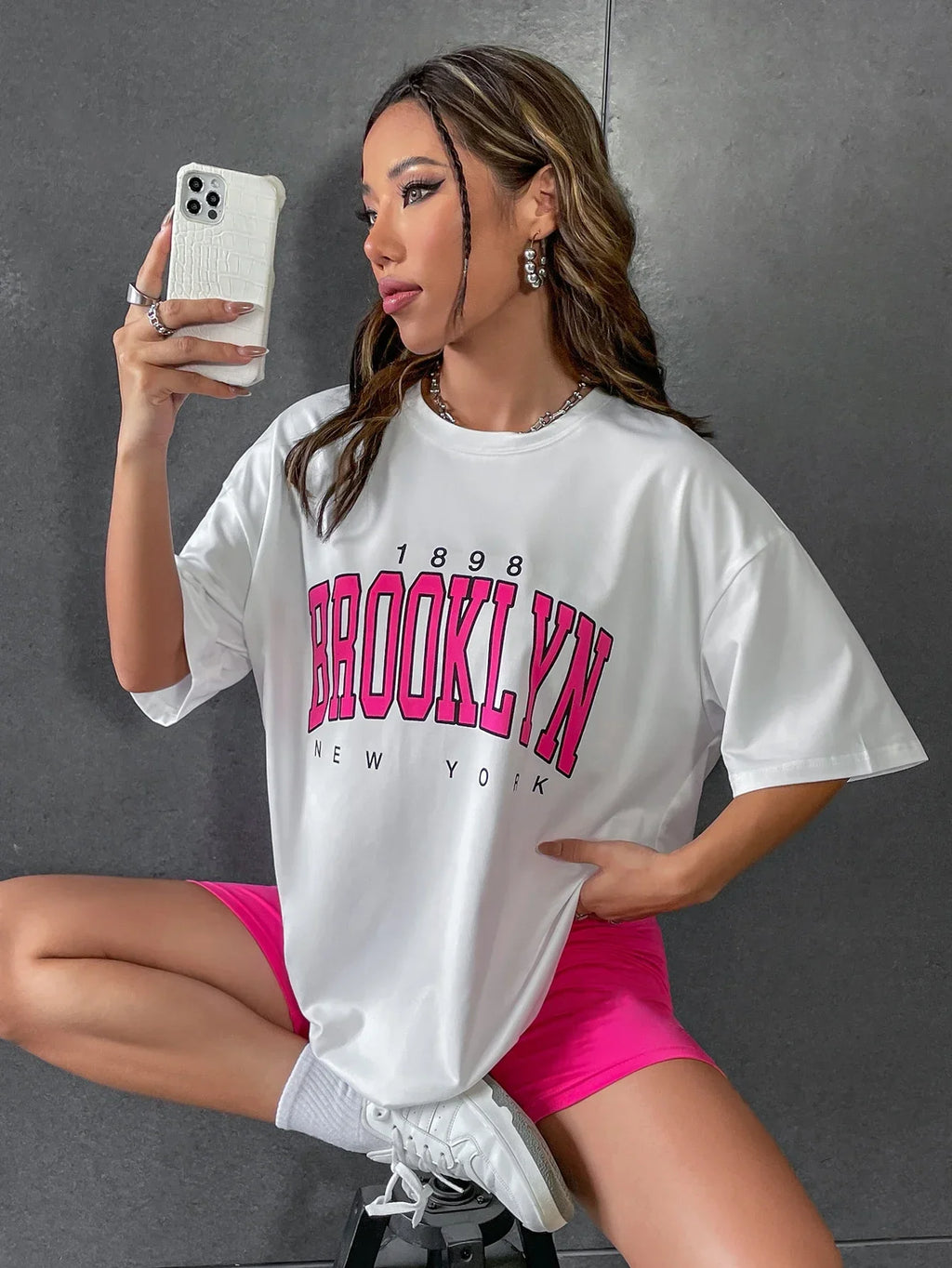 New T-Shirt Women 1898 Brooklyn York Letter Drop Shoulder Print Vintage Oversized T Shirt Simple Clothes Female Tshirt Y2K Top