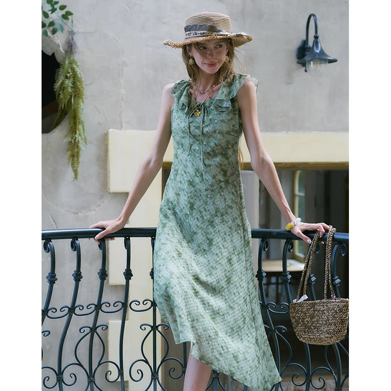 ELFSACK Ruffle Collar Sleeveless Midi Dress, Ditsy Floral Chiffon Waisted Dress, Vintage Daily Vacation Outfit for Women