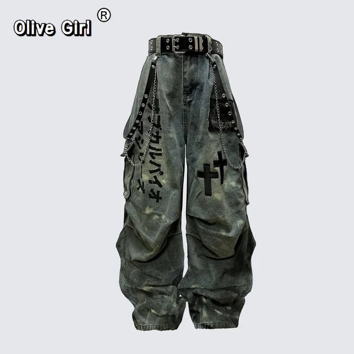 Plus Size Skull Cross Women's Jeans Trousers Denim Pants American Retro Vibe Wide-legged Dragging Oversized Baggy Pants