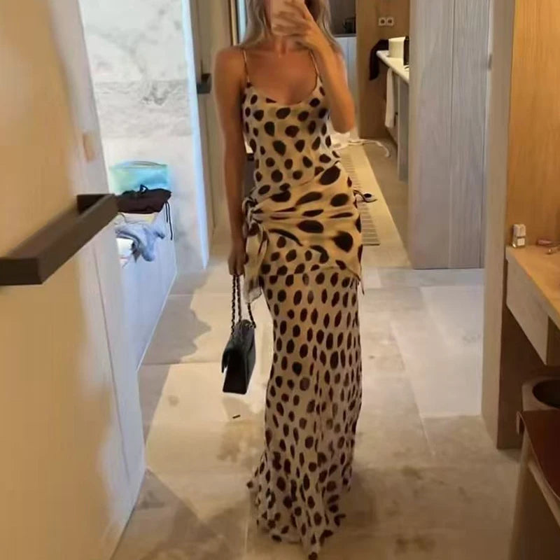 Fashion Hight Waist Slim Maxi Dress Sexy V Neck Animal Print Evening Party Dress Women Casual Sleeveless Tie-Up Waist Long Dress
