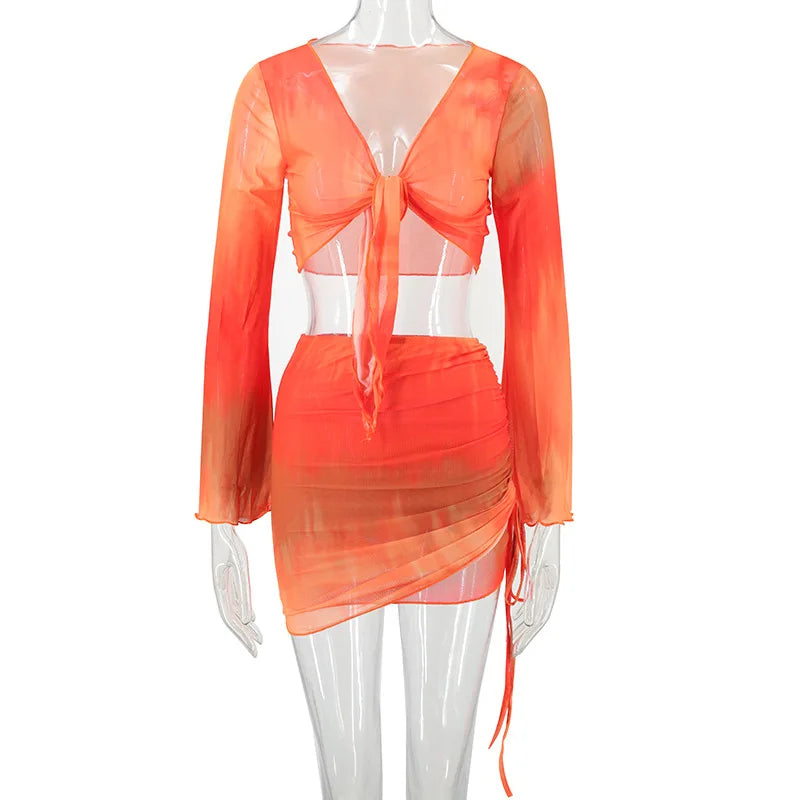 Fashion V-Neck Flare Sleeve Tie Dye Tops Mini Skirt Suit Women Mesh Tees Lace Up Skirts New Summer Female 2 Piece Set Outfits