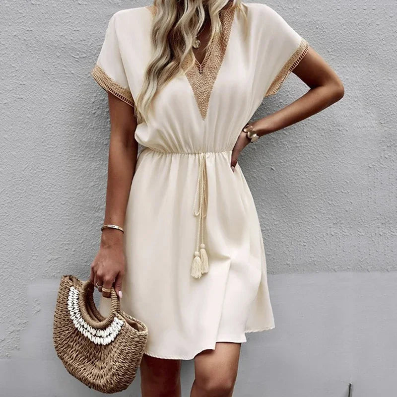 Summer Solid Short Sleeve Lace V Neck Waistband Female Beach Midi Short Dress Elegant Women