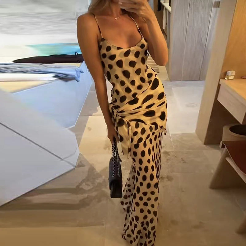 Fashion Hight Waist Slim Maxi Dress Sexy V Neck Animal Print Evening Party Dress Women Casual Sleeveless Tie-Up Waist Long Dress